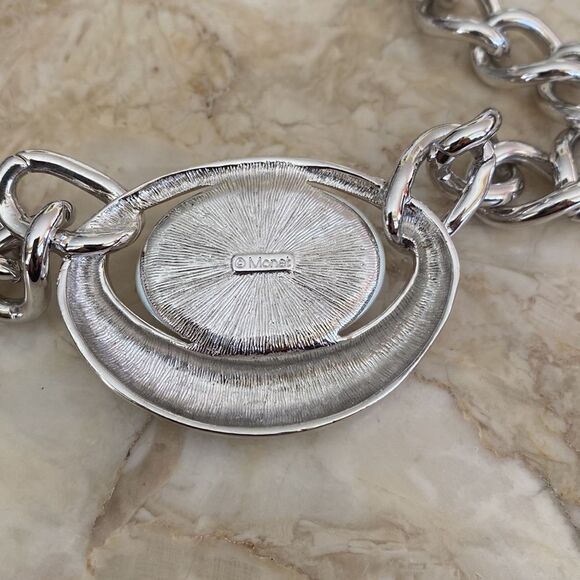 Monet Chunky Silver Tone Link & Pearl Necklace - Picture 7 of 9